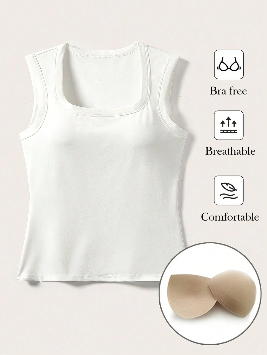 SHEIN BASICS Casual Sport Solid Color Knitted Slim-Fit Square Neck Plus Size Top, Regular With Chest Pad, Basic Style - White - View 1