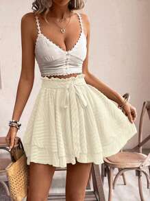 SHEIN Frenchy Quần short ren chữ A thời trang và ngọt ngào cho nữ Quần short bướm Quần short xếp nếp Quần mùa hè Quần mùa hè Quần short bồng bềnh Quần short thắt nơ ở eo - Màu be - Xem 1