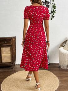Breezaya Vestido de manga curta com decote quadrado estampado floral com franzido no peito e fenda na coxa, verão - Vermelho - Visão 2