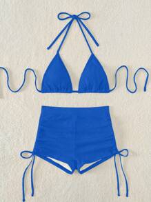 SHEIN Swim 女款夏季海灘純色掛脖比基尼套裝,簡約風格,適合度假休閒 - 寶藍色 - 查看 6