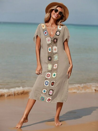 Swim Vcay Sommarkläder Virkad V-ringad Kortärmad Fritidskläder Klänning, Semesterstil