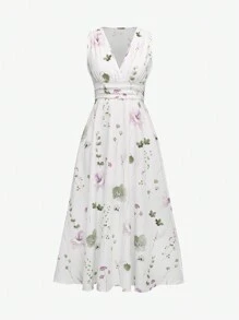SHEIN LUNE Floral Printed V-Neck Sleeveless Summer Dress With Asymmetrical Hemline
