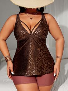 SHEIN Swim Curve Plus Size Women's Leopard Jacquard Vacation Casual Vest Style Tankini Swimwear Set (Random Print) Summer - Brown - View 3