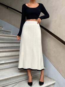EURMUSE Women Solid Color Ribbed Knit Stripe Hem Sweater Skirt - Beige - View 5