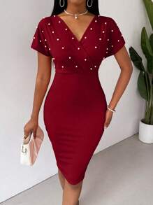 SHEIN Clasi Ladies' Solid Color Simple Daily Dress With Stud Embellishments For New Year Clothes - Red - View 5