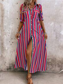 EMERY ROSE Robe chemise maxi à boutonnage avant rayé coloré pour les loisirs de vacances des femmes - Multicolore - Voir 7