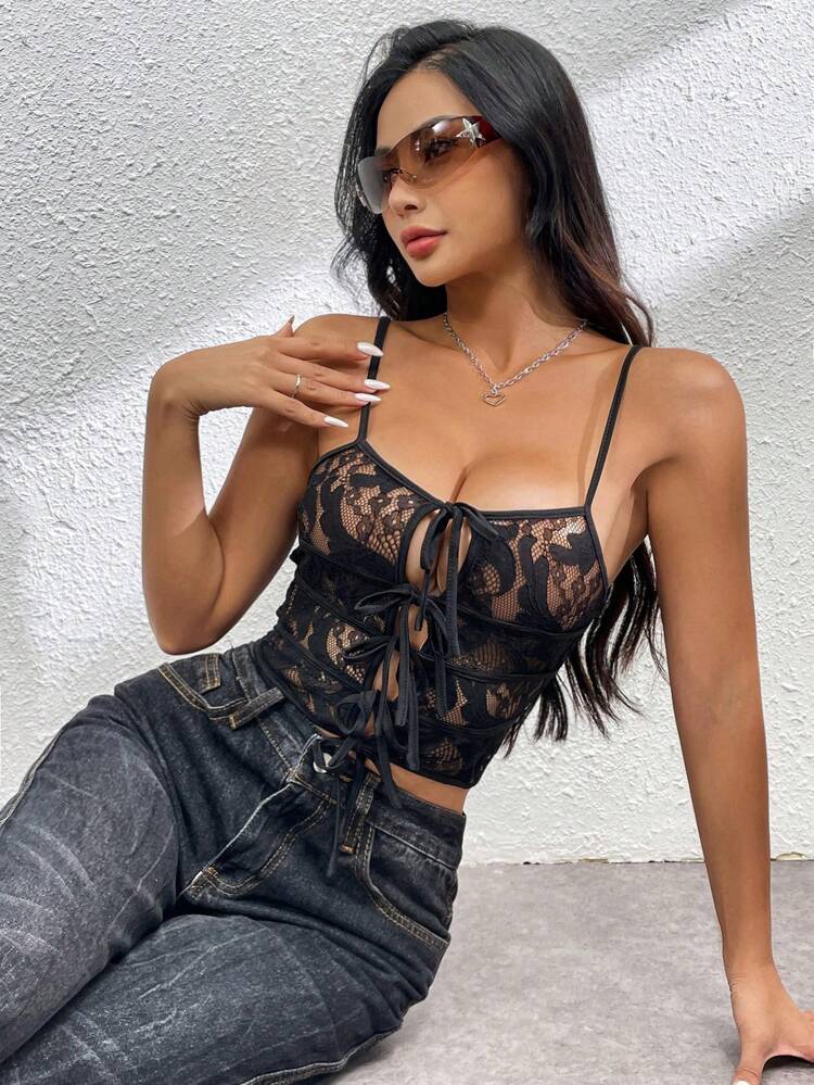 Summer Solid Color Hollow Out Lace Strap Sexy Camisole Top  Camisole Top