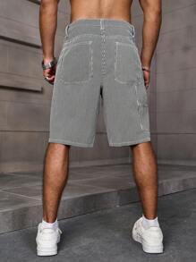 Manfinity Homme Quần short denim có túi in sọc và in cúc, trang phục thường ngày mùa hè - Đen và trắng - Xem 2