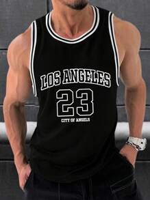 Manfinity Homme Camiseta de baloncesto con impresión digital para hombre, sin mangas, con letra y diseño de bloques de color de Brooklyn