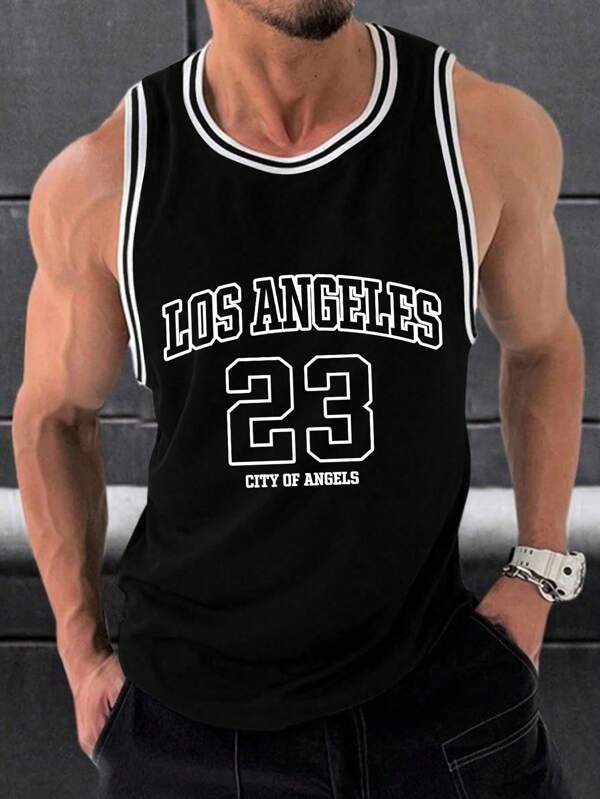 Manfinity Homme Camiseta de baloncesto con impresión digital para hombre, sin mangas, con letra y diseño de bloques de color de Brooklyn