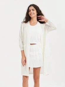 女士休閒實色中長款針織衫 - 白色 - 查看 5