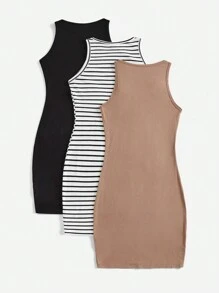 SHEIN LUNE Sport Game  Day Tracksuit  Women's 3pcs Athleisure Sports Tracksuit Set - Ribbed Crew Neck Sleeveless Fitted Dress & Contrast Trim