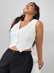 SHEIN EZwear 大码白色简约修身通勤西装背心，适合秋冬毕业、返校、教师服装的女士 - 白色 - 查看 4