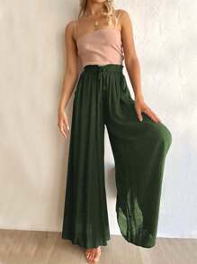 SHEIN LUNE Women's Casual Solid Color Wide Leg Pants Fall Cloth For Women - Green - View 3