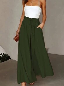 SHEIN LUNE Women's Casual Solid Color Wide Leg Pants Fall Cloth For Women - Green - View 5