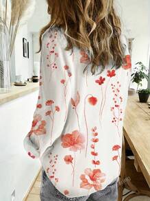 Mother's Day Floral Print Simplicity Blouse, Casual Button-Front Long Sleeve Shirt, Women