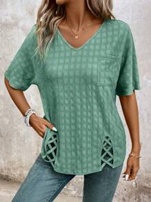 EMERY ROSE Women's Summer V-Neck Batwing Sleeve Loose T-Shirt With Pocket And Cross Hem