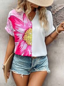 Breezaya Camisa Floral Feminina de Manga Curta Morcego para o Verão com Botão Decorativo - Multicolorido - Visão 6