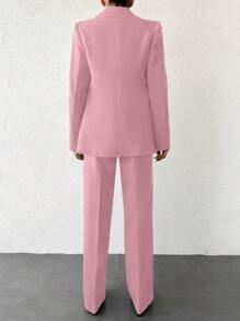 EURMUSE Women's Casual Solid Color Suit Set Including Jacket And Pants - Baby Pink - View 2