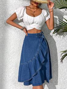Breezaya Women's Denim Ruffle Hem Midi Skirt - Medium Wash - View 3