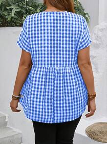 EMERY ROSE Blusa xadrez preta e branca estilo mamãe com decote em V para mulheres de Plus Size, decorada com botões e mangas de morcego, ideal para a primavera - Azul Royal - Visão 2
