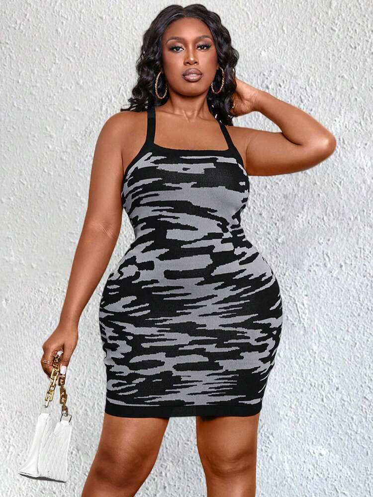 Plus Size Printed Slim Fit Tank Top Sweater Dress, Perfect For Music Festival