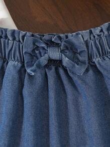 Little Girls' Comfortable Casual White Embroidered Top And Blue Denim Skirt Set - Blue and White - View 5