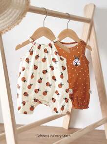 Cozy Pixies Newborn Baby Girl/Boy Multicolor Cartoon Insect/Animal Pattern Knitted Soft Comfortable Breathable Round Neck Sleeveless Romper Shorts, 2pcs Set, With Opening Buttons, Suitable For Summer Leisure Outfits At Home, Outdoors, Vacations, Travels, Beach, Seaside, Etc.