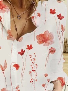 Mother's Day Floral Print Simplicity Blouse, Casual Button-Front Long Sleeve Shirt, Women