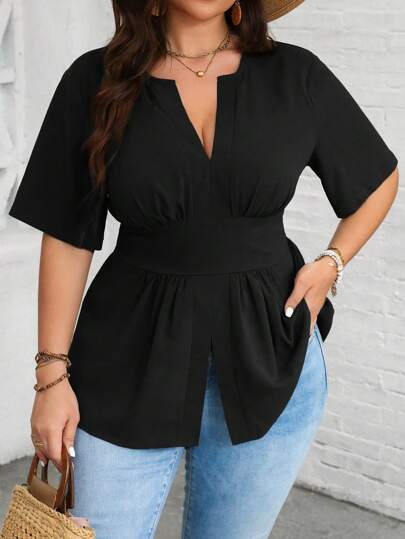 Vionelle Plus Size Notched V-Neck Shirt With Ruffled Hemline