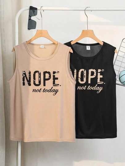 SHEIN Tween Boys' Extended Size Letter Print Tank Tops 2pcs/Set