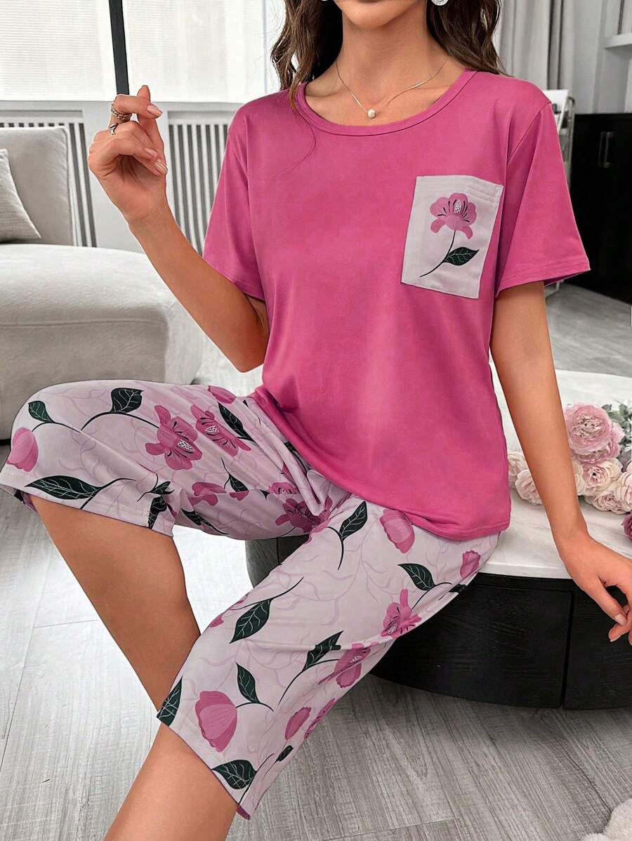 Bộ đồ ngủ mùa hè ngắn tay cổ tròn in hoa và quần đùi in hoa cho nữ - Màu Hồng Tươi - Xem 1