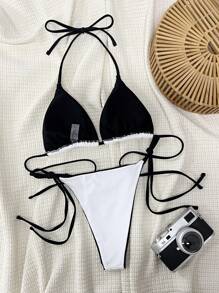 Swim SXY Ladies' Summer Beach Color Block Halter Neck Tie Bikini Set, Double-Sided Fabric - White - View 3