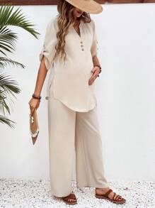 SHEIN Maternity Daily Casual Loose V-Neck Shirt And Pants Set With Rolled Cuff - Khaki - View 6