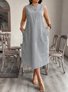 SHEIN LUNE Plus Size Teacher Clothes Fall Woven Colorful Striped Sleeveless Double Pocket A-Line Long Dress Comfortable - Black and White - View 3