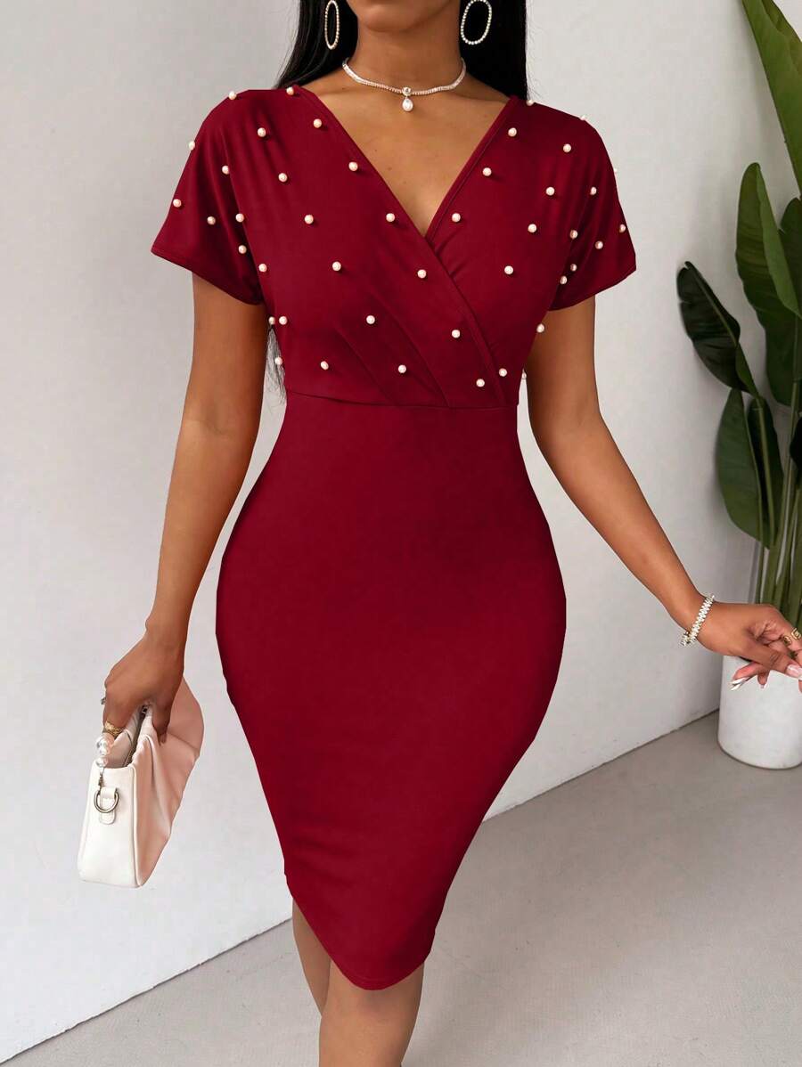 SHEIN Clasi Ladies' Solid Color Simple Daily Dress With Stud Embellishments For New Year Clothes - Red - View 1