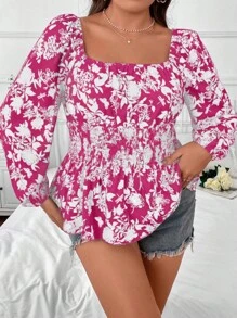 Celure Chemise décontractée à manches longues imprimée de fleurs et de grande taille avec encolure carrée pour l'été
