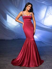 SHEIN Belle Elegant AtmosphereBurgundy Sequins SplicingWide Shoulder StrapsHigh Waist Slim Fishtail A HemBack Adjustable StrapInformal WeddingParticipate In WeddingsEventsBachelor BashPartyBack To School OutfitsHeavy Duty Dinner Party