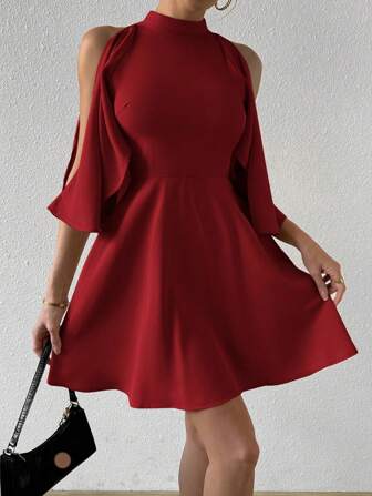 SHEIN Privé Women's Casual Batwing Sleeve Cold-Shoulder Neck Wide Swing A-Line Dress, Suitable For Wedding & Vacation