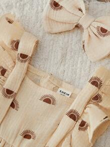 SHEIN Baby Girl Newborn Sun Print Ruffle Trim Dress With Headband - Apricot - View 4