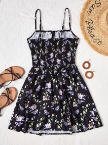 SHEIN Unity Spaghetti Strap Ditsy Floral Dress With Front Tie Knot And Waist Shirred - Black - View 2