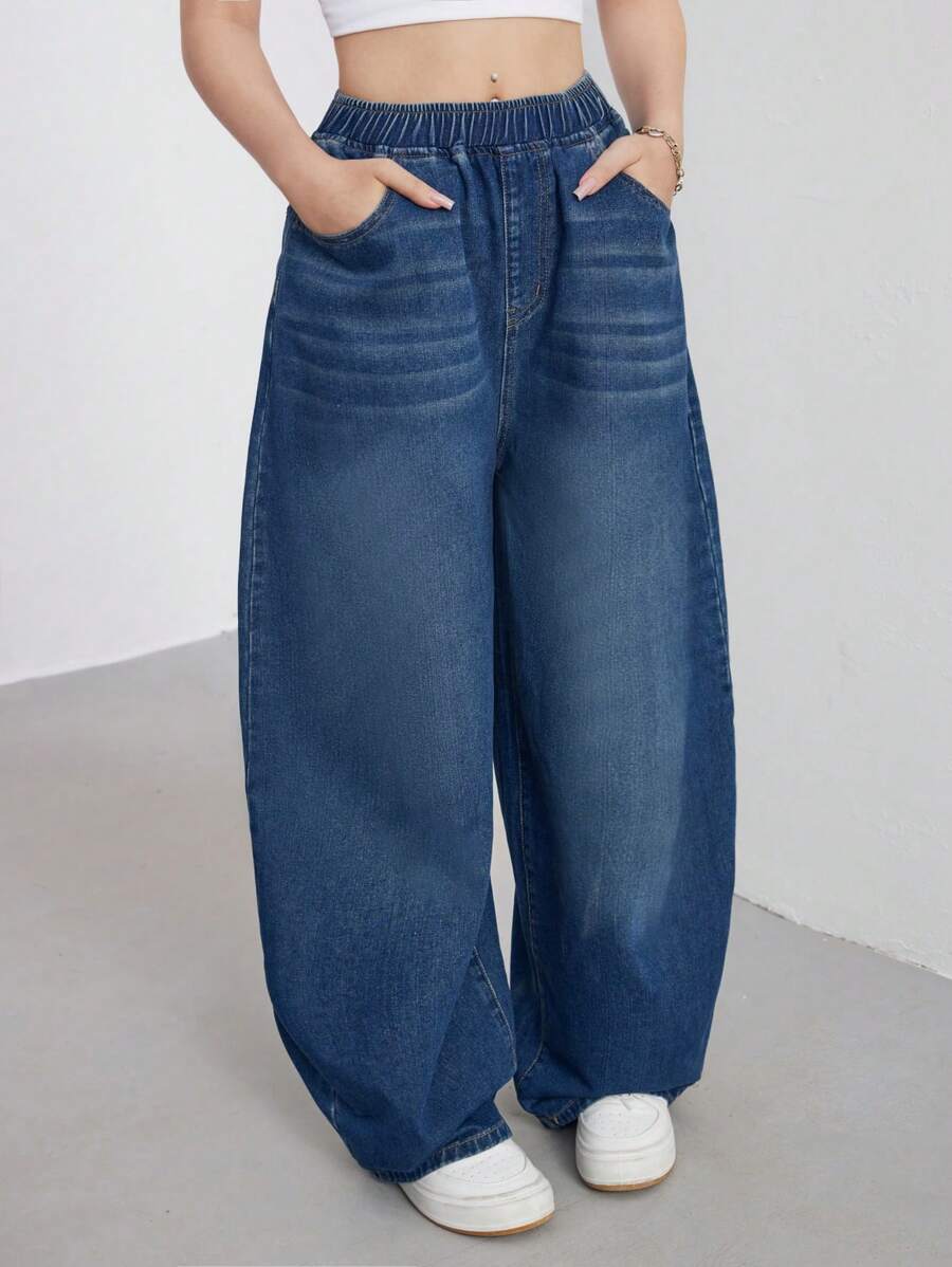 SHEIN Teen Girls' Retro Y2K Style Vintage Casual Boyfriend Baggy Denim Jeans For Streetwear Outfits