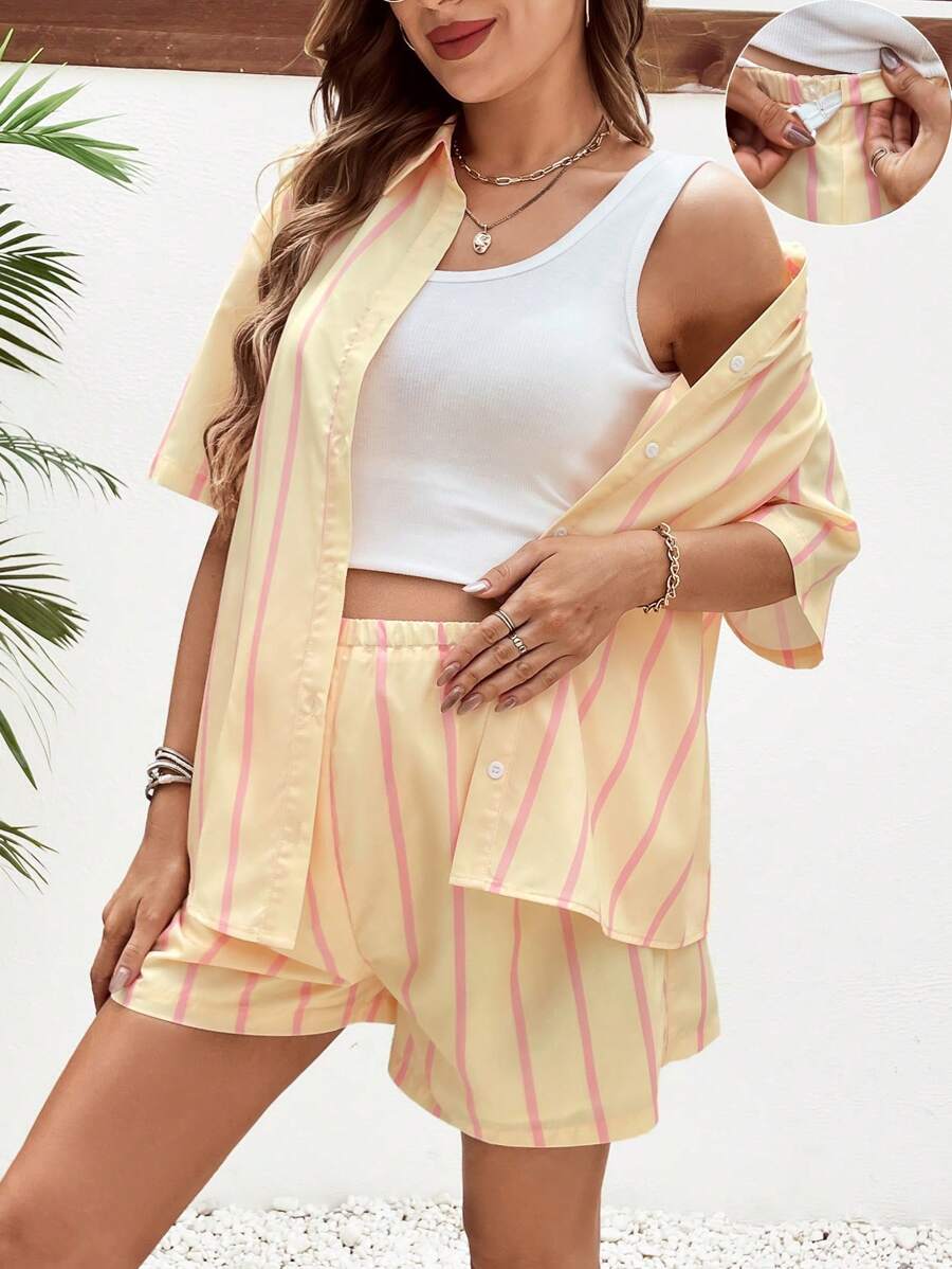 SHEIN Maternity Urban Vacation Plaid Front Two-Button Cardigan Top With Adjustable Waistband Straight-Legged Shorts Loose-Fitting Two-Piece Set