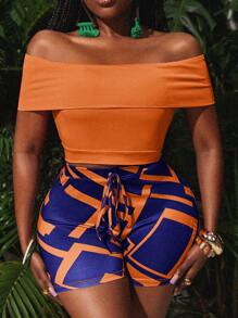 Slaydiva Boho Summer Holiday Off Shoulder Tight-Fitting Top And All-Over Printed Waist Tie Mini Shorts Going Out Set - Orange - View 6