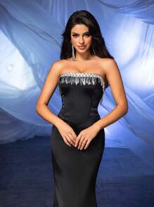 Glamrae Elegante vestido negro lujoso con cuentas, con cuello de flecos y dobladillo de cola de pez. Ajustado con ballenas y bordado con un trabajo pesado de estilo gótico. Perfecto para fiestas de solteros, bodas, bailes y otros eventos formales. - Negro - Ver 3