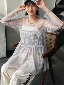 FRIFUL Camisa de Malha Transparente com Design Plissado Feminina, Top de Manga Longa com Babados - Cinza - Visão 7