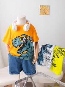 Set de 3 camisetas de manga corta con cuello redondo y gráfico de dinosaurio lindo para niño, conjunto informal para exterior, calle, fiesta, paseo por la ciudad