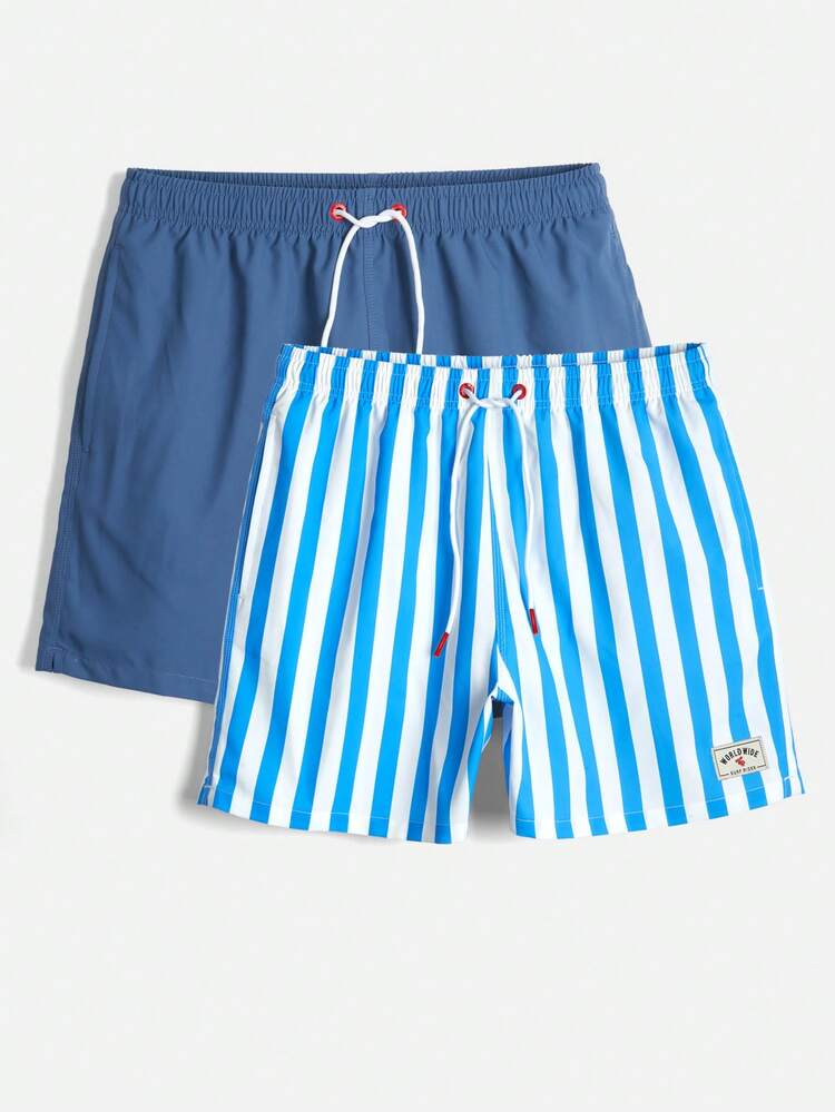 Men's Vacation Striped Printed Drawstring Wide-Leg Beach Shorts (2pcs)