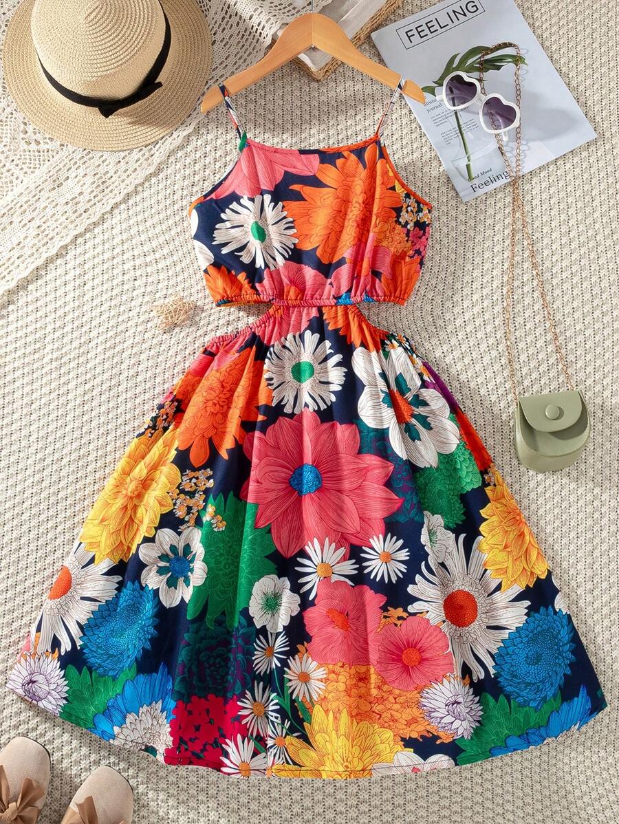 青少女花卉印花肩帶連身裙，適合度假和休閒