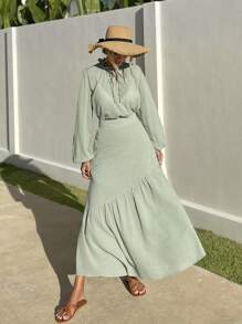 RueChic 綁帶領口長袖上衣，帶褶邊設計，優雅編織套裝，適用於夏季 - 薄荷綠 - 查看 7